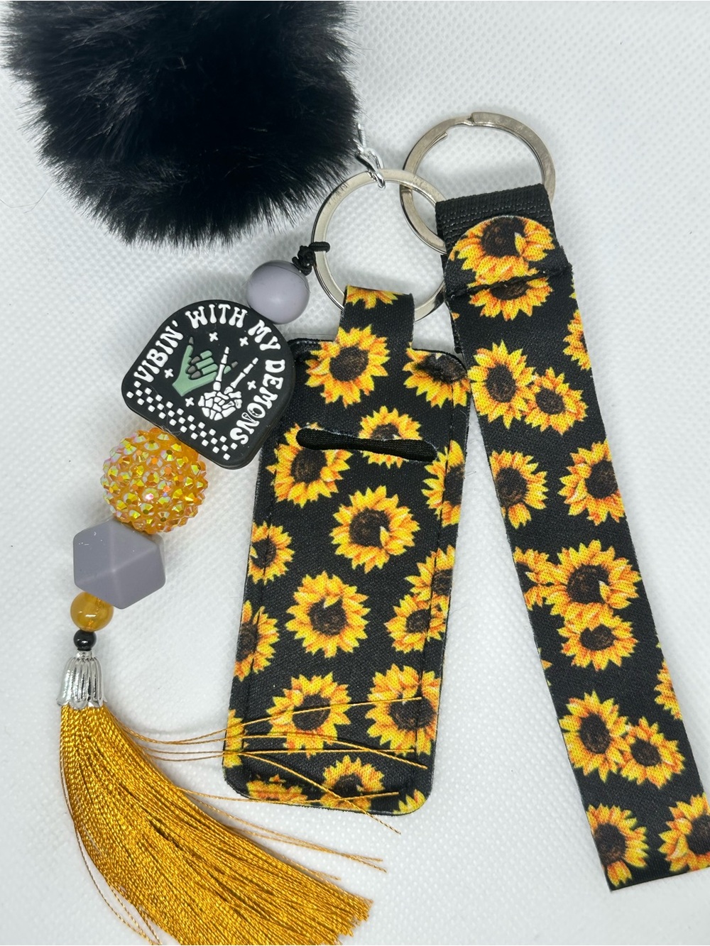 Sunflower Wristlet Keychain  set with Tassel - Black & Yellow